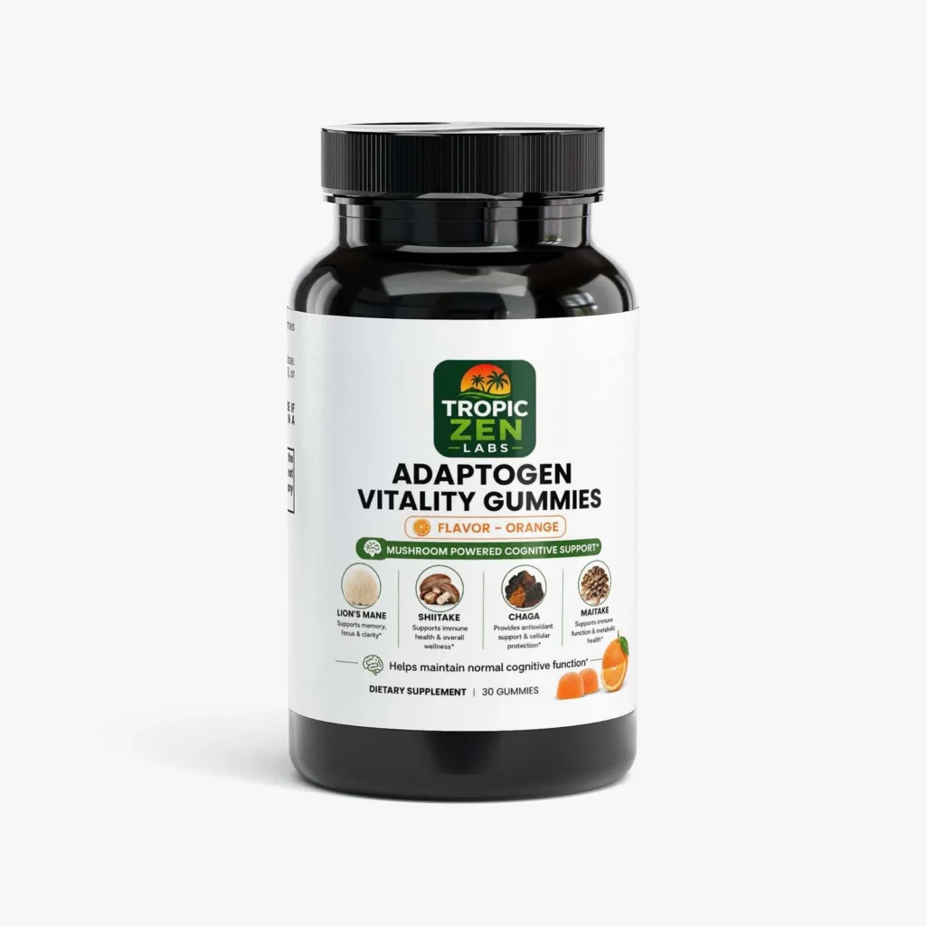 Adaptogen Vitality Gummies supplement bottle by TropicZen Labs