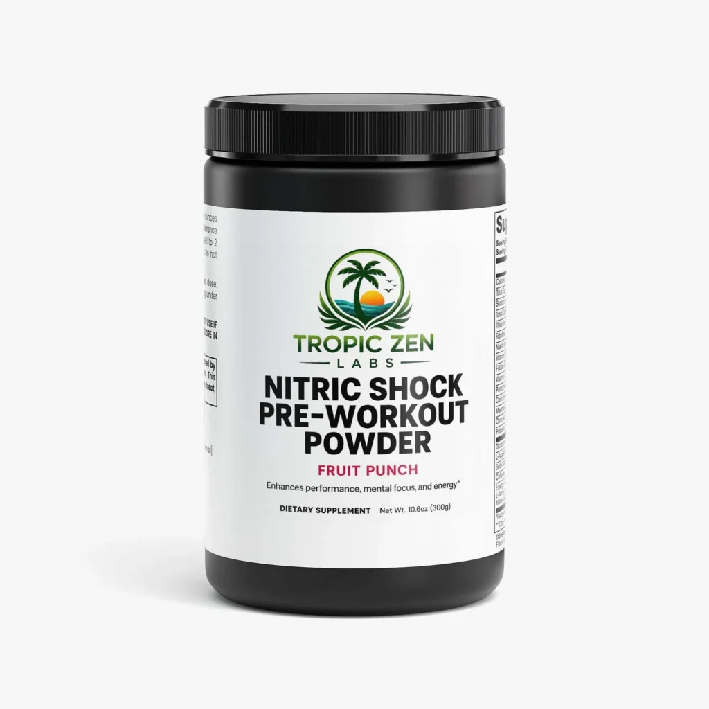 Nitric Shock Pre-Workout Powder (Fruit Punch) supplement bottle by TropicZen Labs