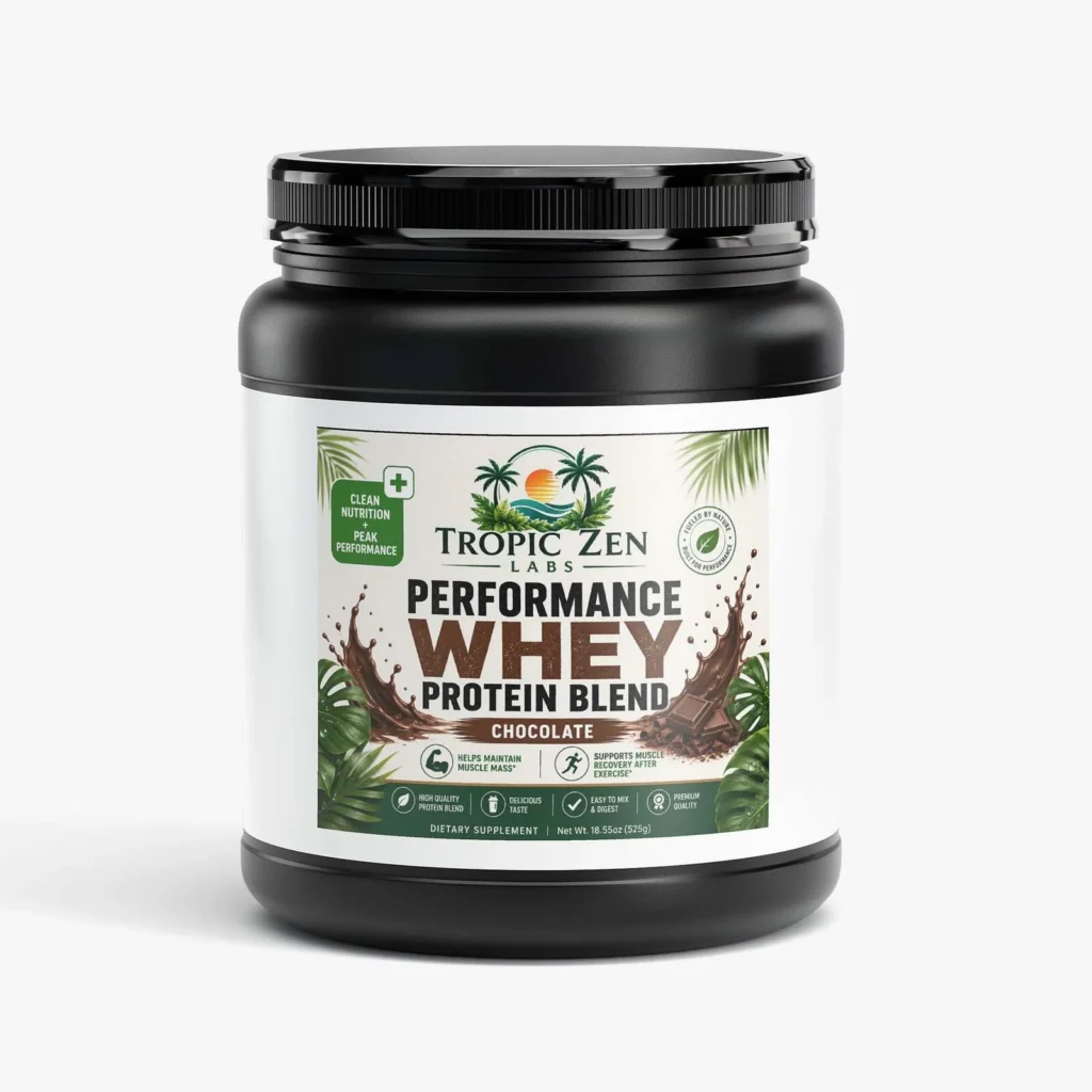 Performance Whey Protein Blend (Chocolate) supplement bottle by TropicZen Labs