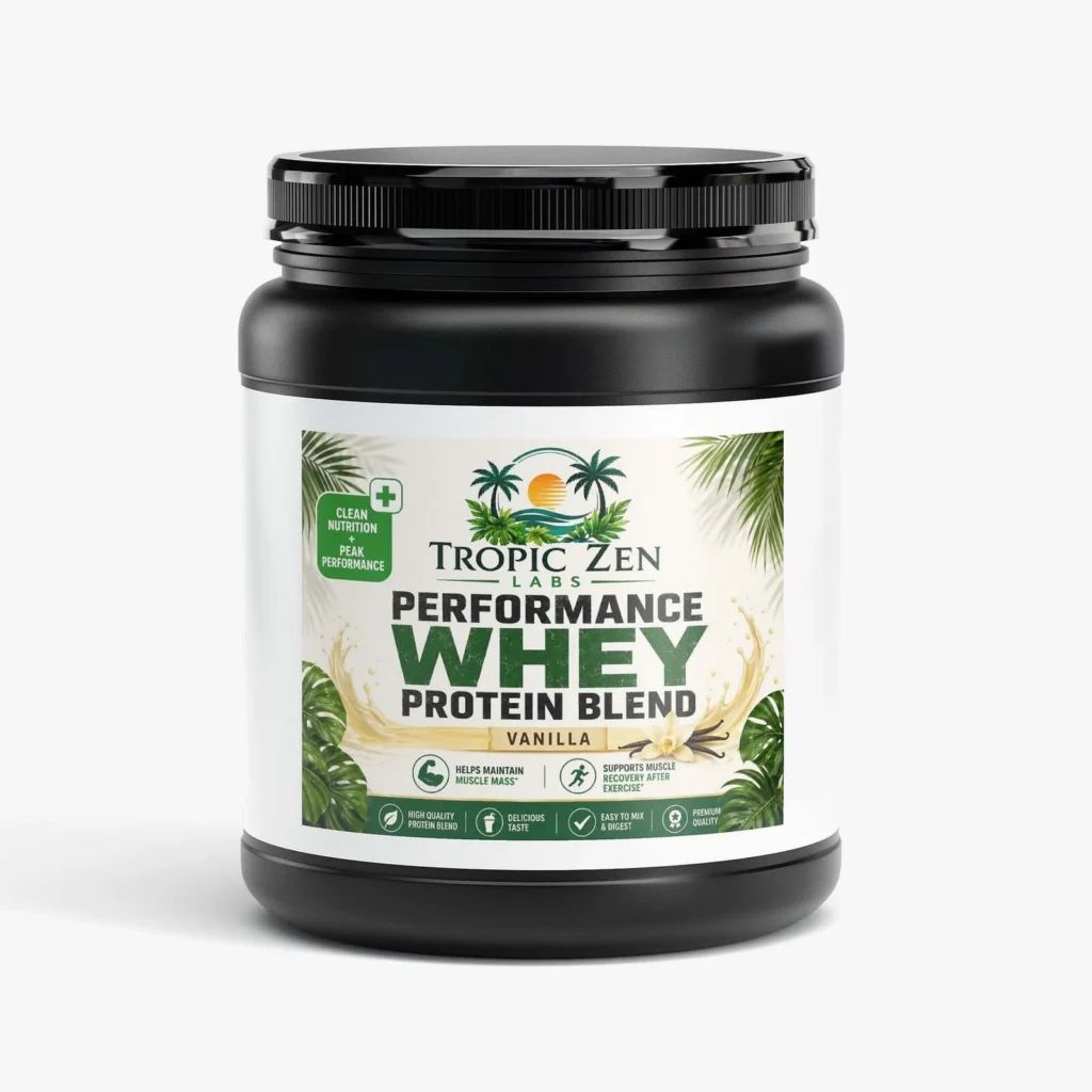Performance Whey Protein Blend (Vanilla) supplement bottle by TropicZen Labs