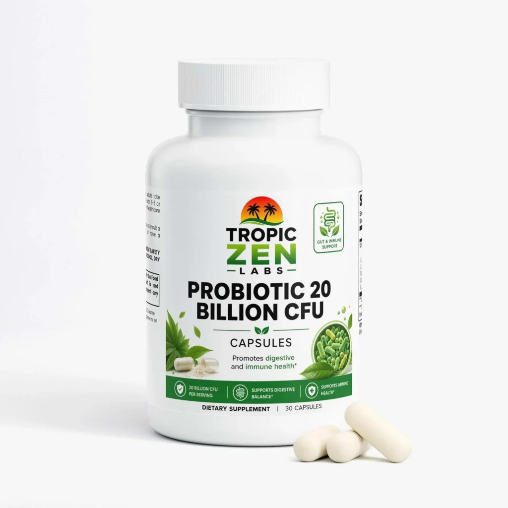 Probiotic 20 Billion supplement bottle by TropicZen Labs