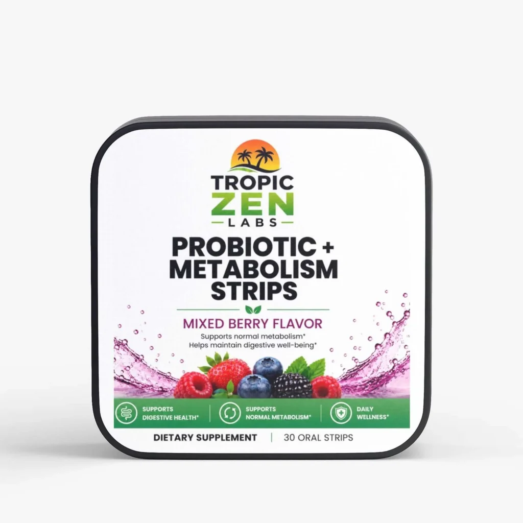 Probiotic + Metabolism Strips supplement bottle by TropicZen Labs