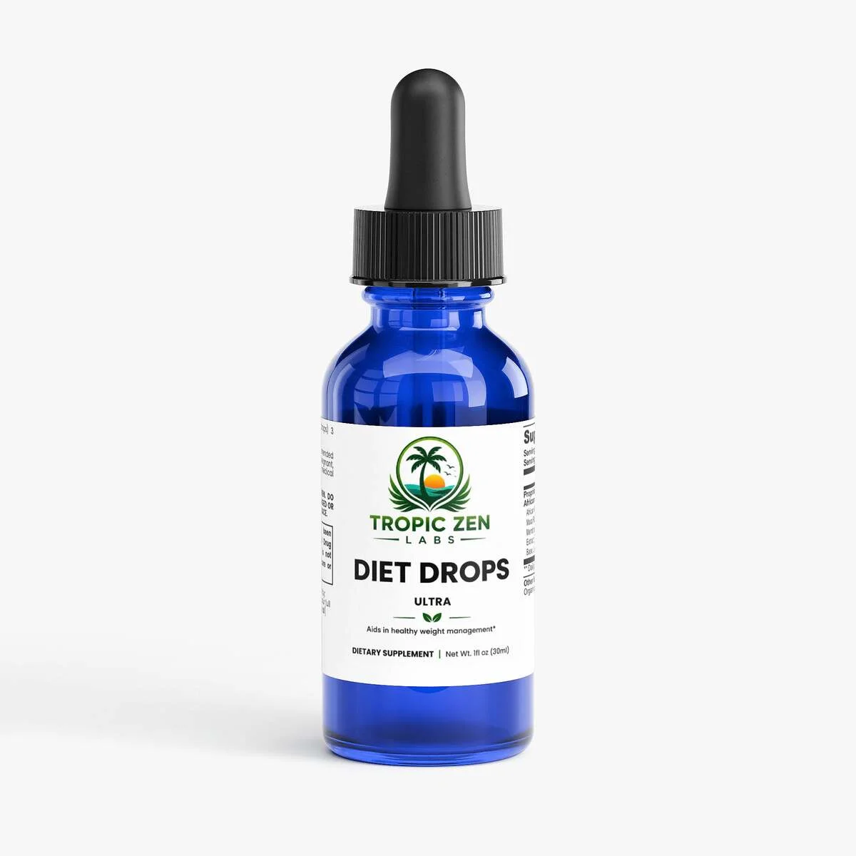 Diet Drops Ultra 1 oz supplement bottle by TropicZen Labs