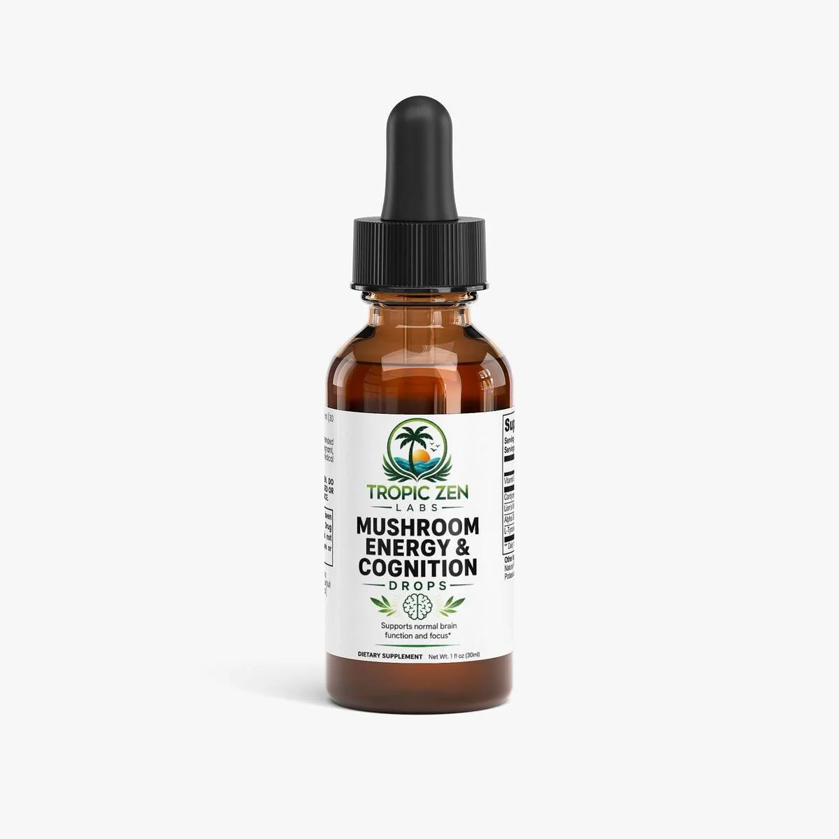 Mushroom Energy & Cognition Drops supplement bottle by TropicZen Labs