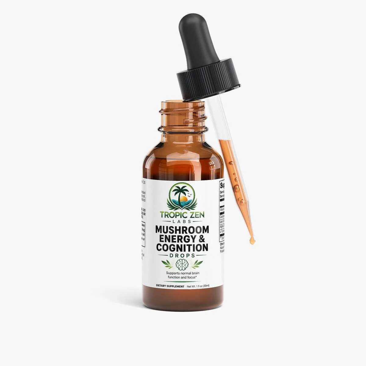 Mushroom Energy & Cognition Drops wellness product lifestyle image by TropicZen