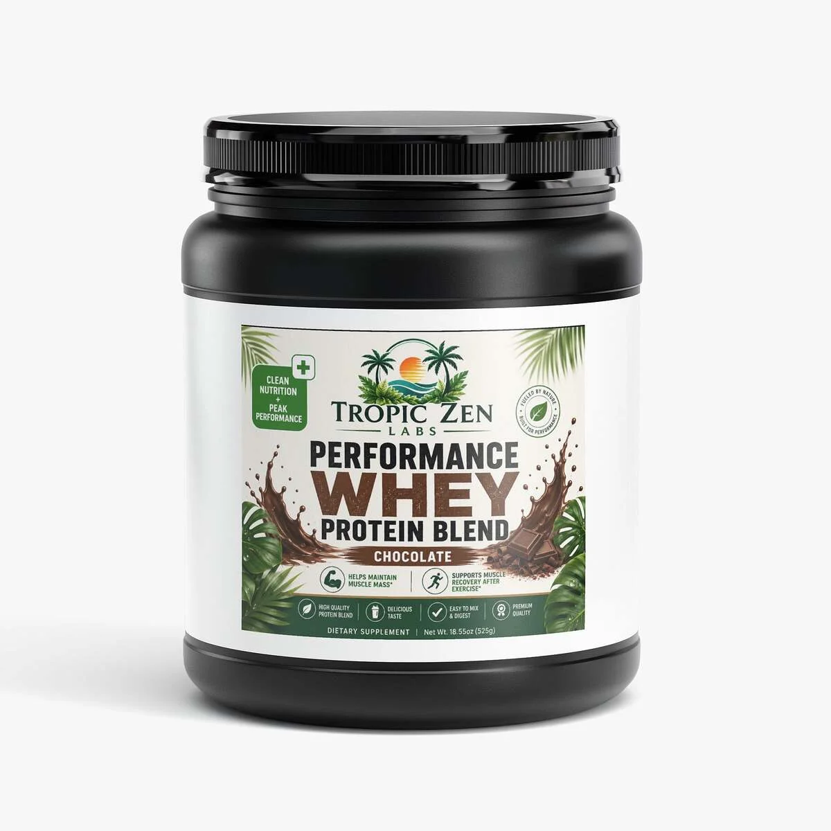 Performance Whey Protein Blend (Chocolate) supplement bottle by TropicZen Labs