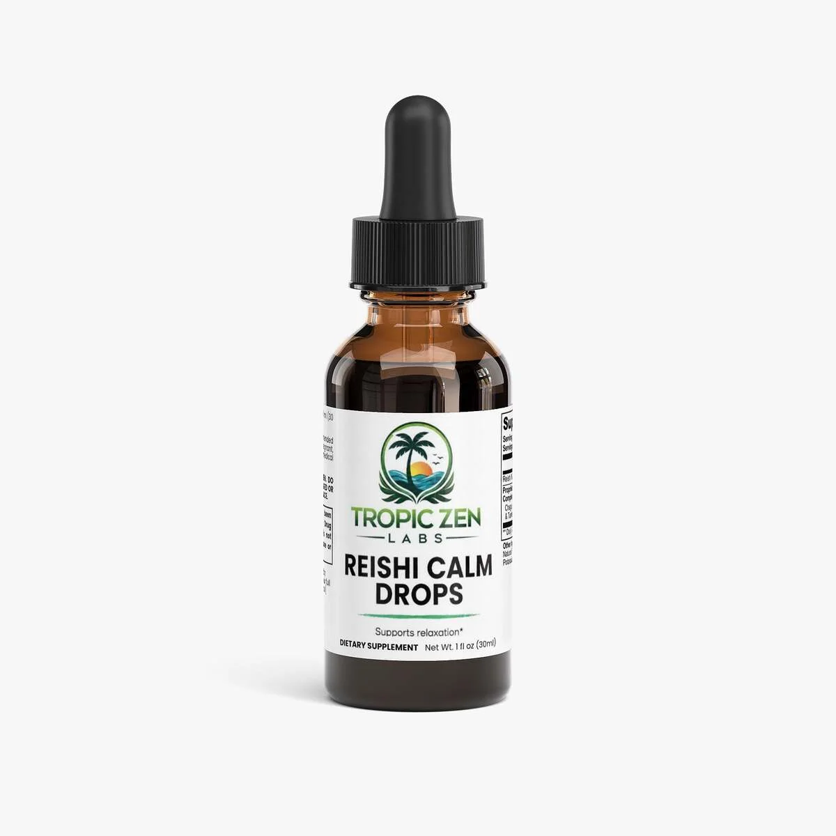 Reishi Calm Drops supplement bottle by TropicZen Labs